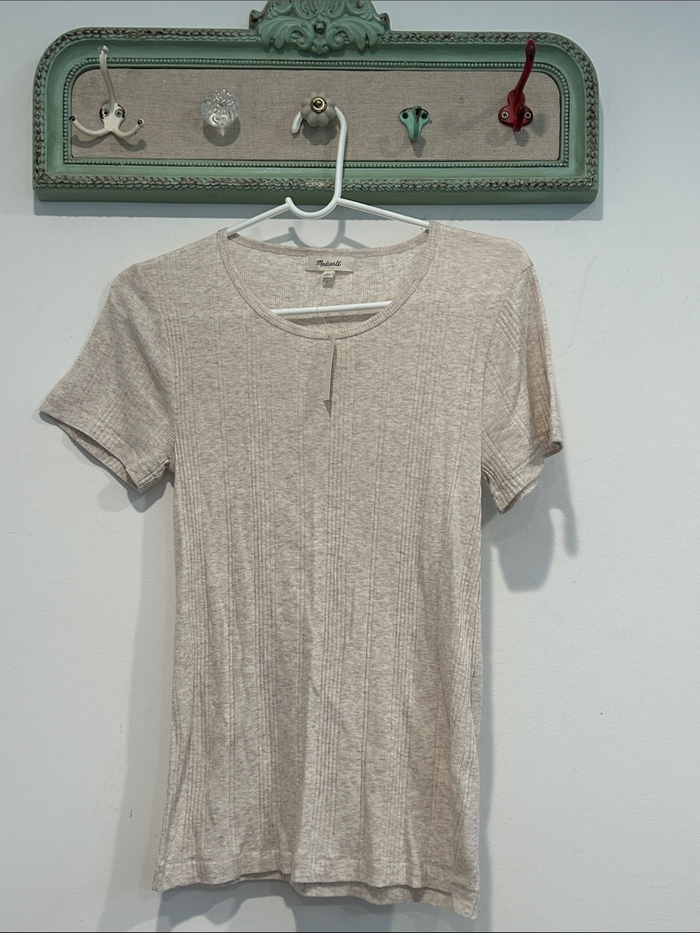 Madewell Short Sleeve Ribbed soft Crewneck t-shirt in Light Beige oat new large